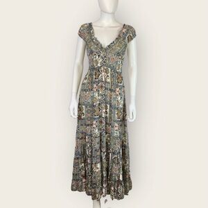 Cienna NWT Boho Floral Maxi Dress  Cream Blues and Gold Silk Blend